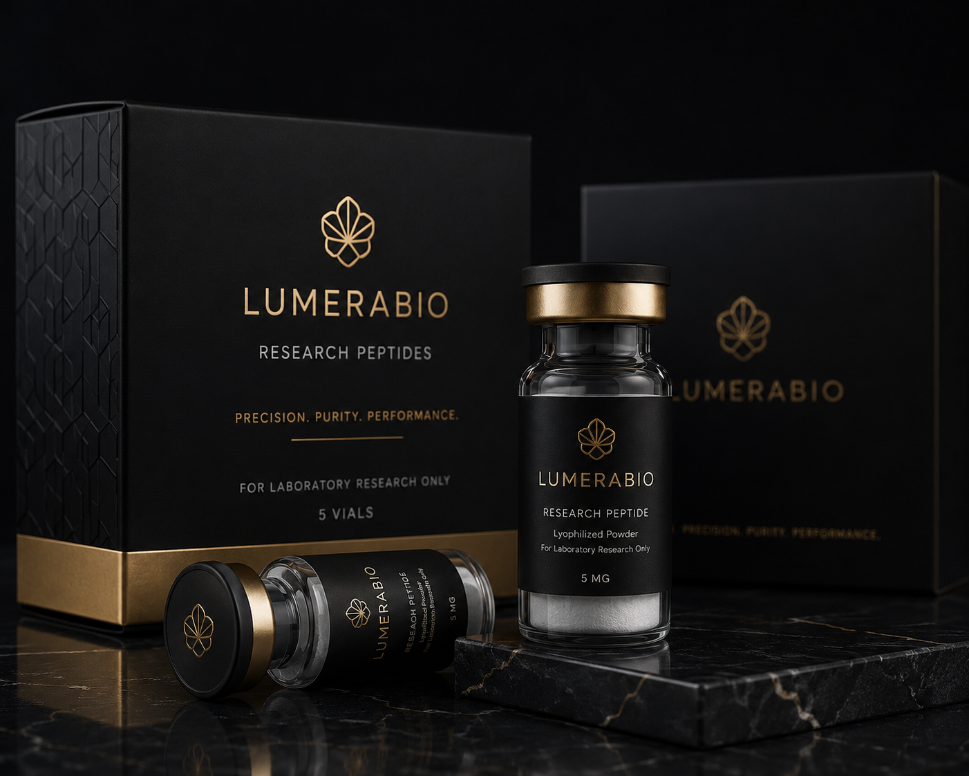 LumeraBio branded peptide vials and boxes